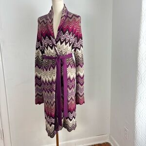 Liz & Co Womens‎ L Purple Loose Knit Cardigan Belted Long Duster Y2K Boho Aztec